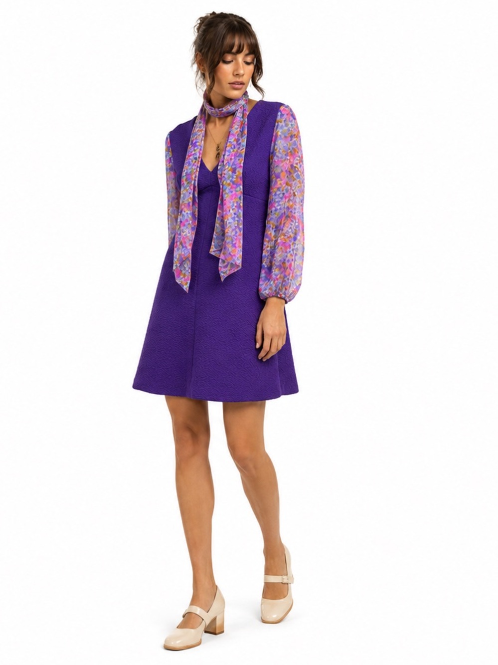 Vintage 60s 70s Purple Floral Mini Dress + Scarf S Mod GoGo